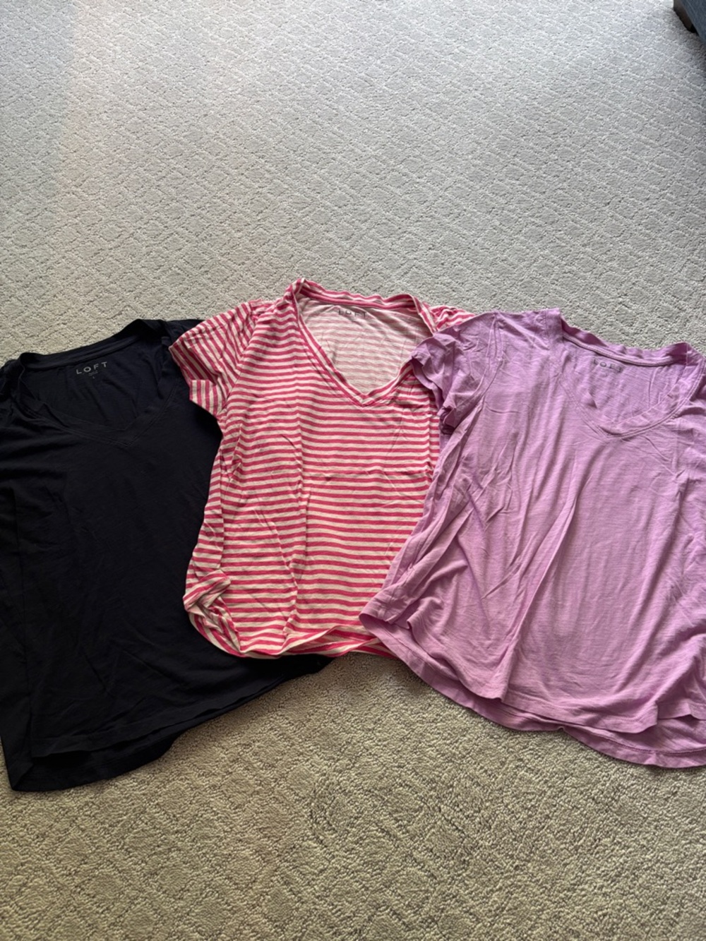 LOFT Bundle of 3: Navy V-Neck, Pink Striped Vee & Lavender V-Neck
